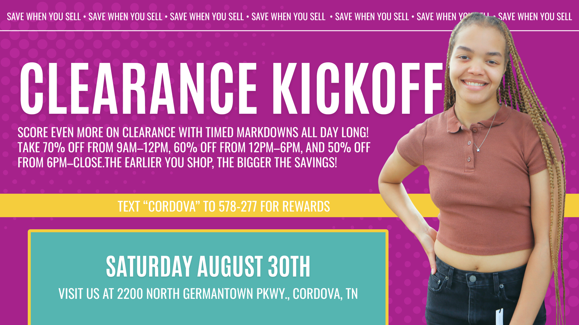 Image shows a vibrant in-store sale scene at Plato’s Closet Cordova with bold “Clearance Kickoff” signage. Shoppers browse packed racks of trendy clothes including jeans, hoodies, skirts, and tees. Text overlay highlights up to 70% off timed markdowns on August 30 at 2200 N Germantown Pkwy.